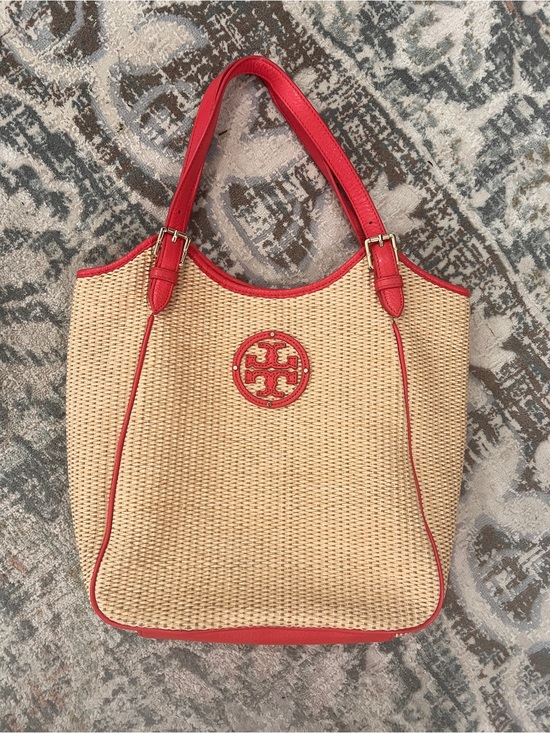 Tory Burch Handbags - Tory Burch Raffia Straw Tote with Poppy Red Leather Trim